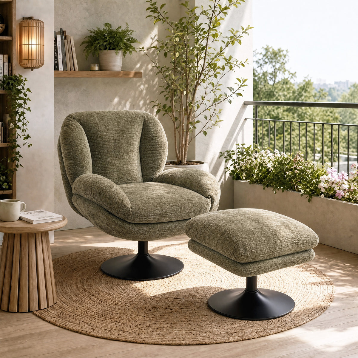 HOMCOM Modern Chenille 360 Degree Swivel Accent Chair With Ottoman Dark Green