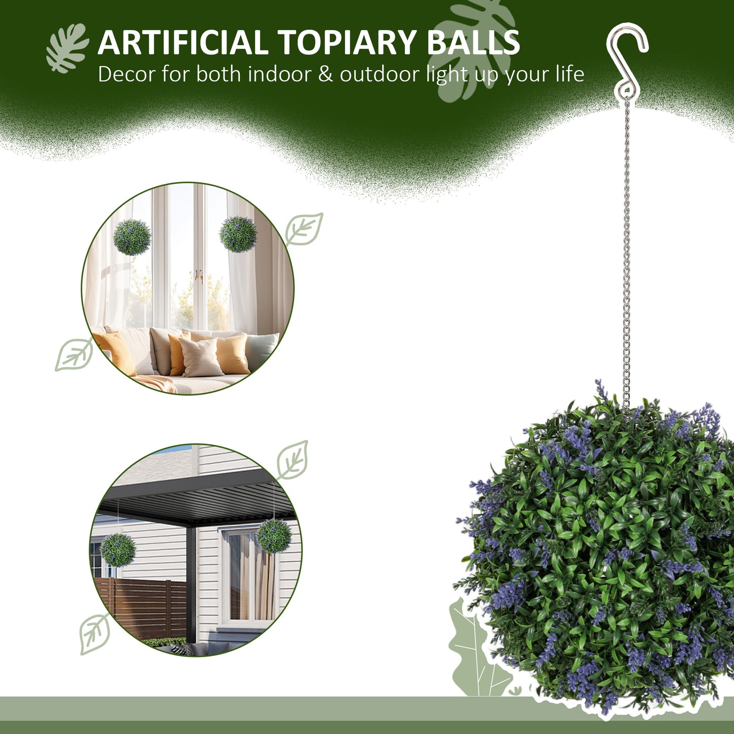 HOMCOM Set Of 2 Purple Artificial Plant Topiary Balls With Lavender Flowers UV Protected Outdoor Indoor Decor