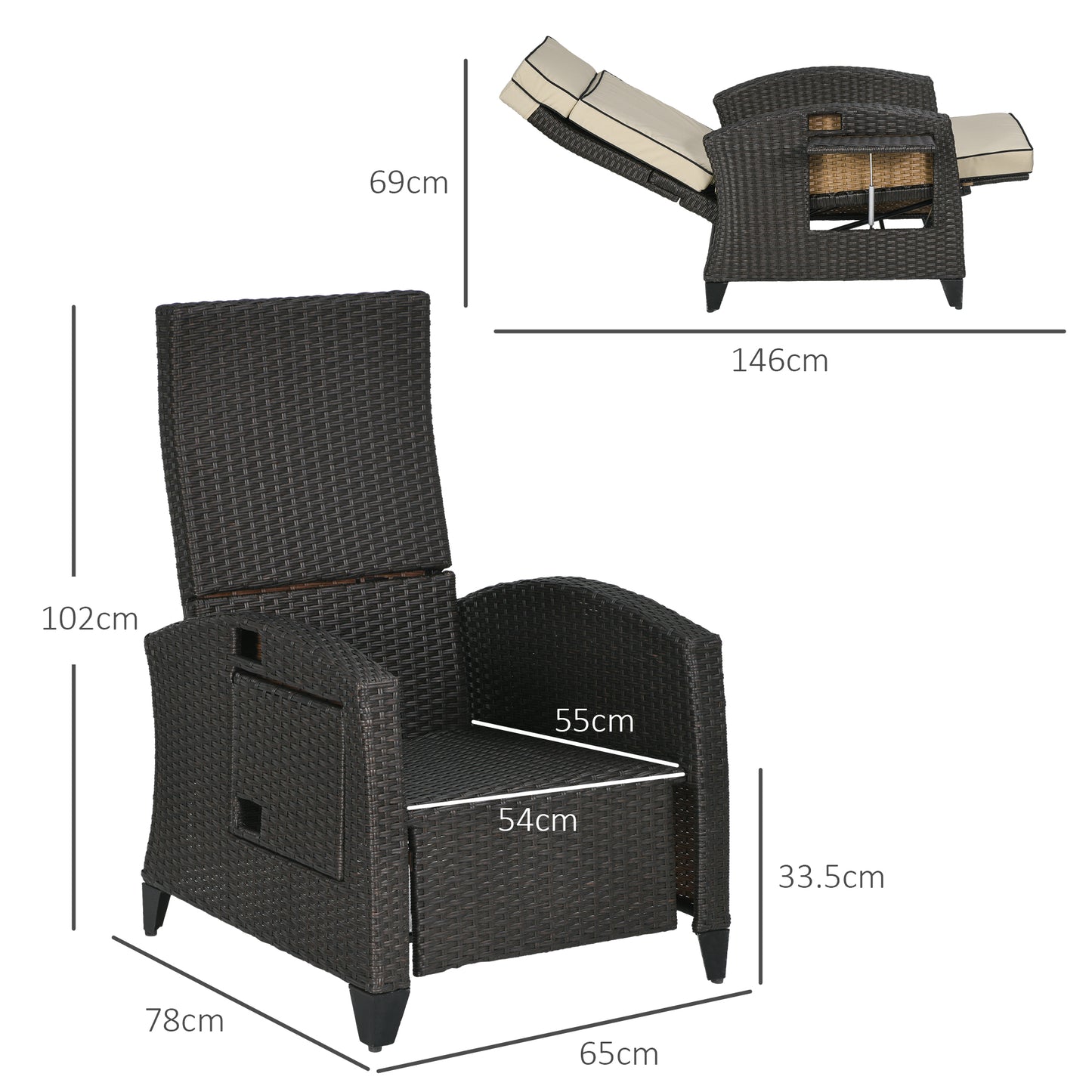 Outsunny Adjustable Outdoor Recliner Chair with Cushion and Side Table – Brown - ALL4U RETAILER LTD