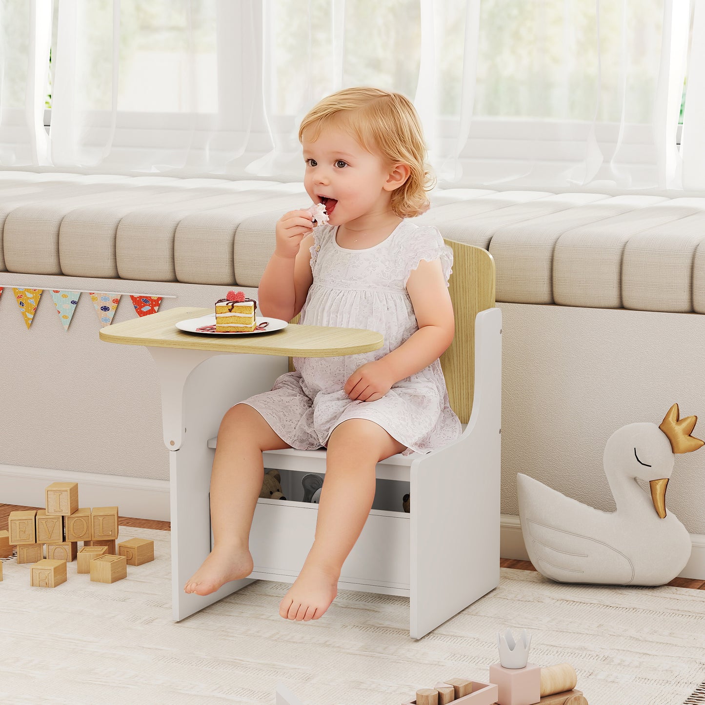 AIYAPLAY Kids Table and Chair Set With Built In Storage Bins For Playtime Reading Painting Ages 3 to 5 White