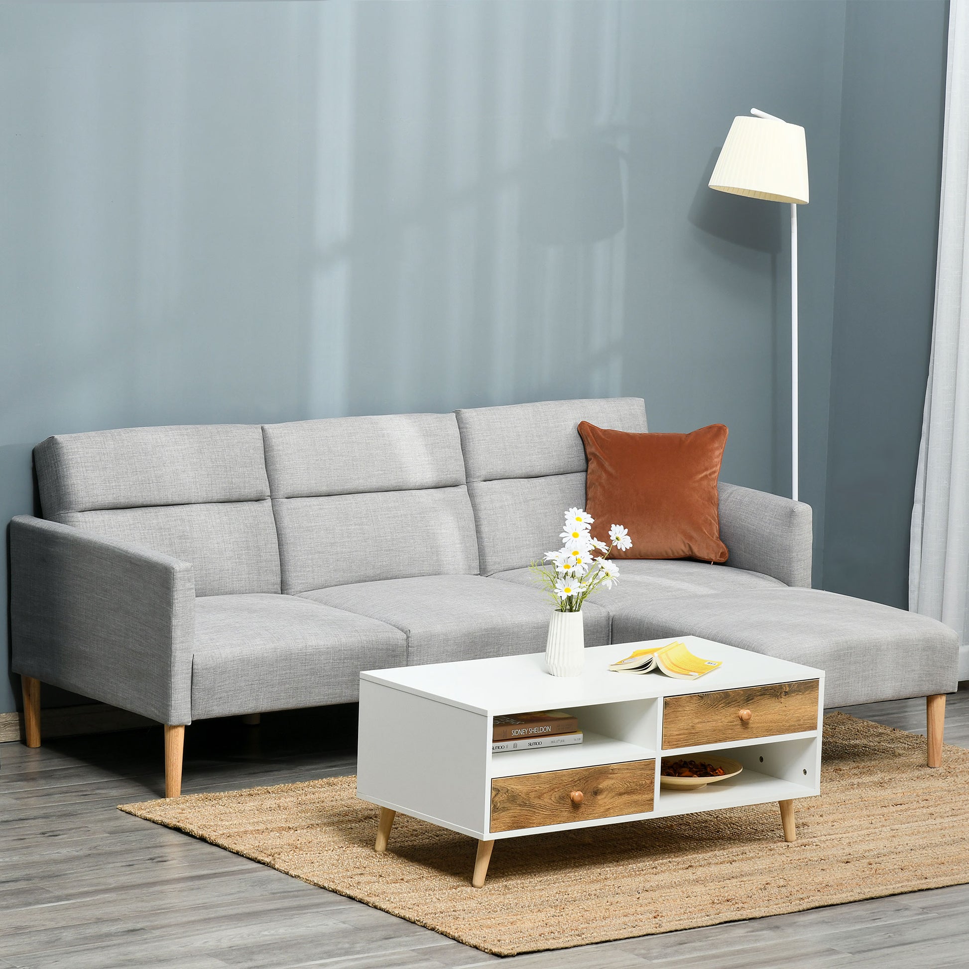 HOMCOM L Shape Sofa Bed Set Linen Fabric Corner with Rubber Wood Legs Footstool Light Grey - ALL4U RETAILER LTD