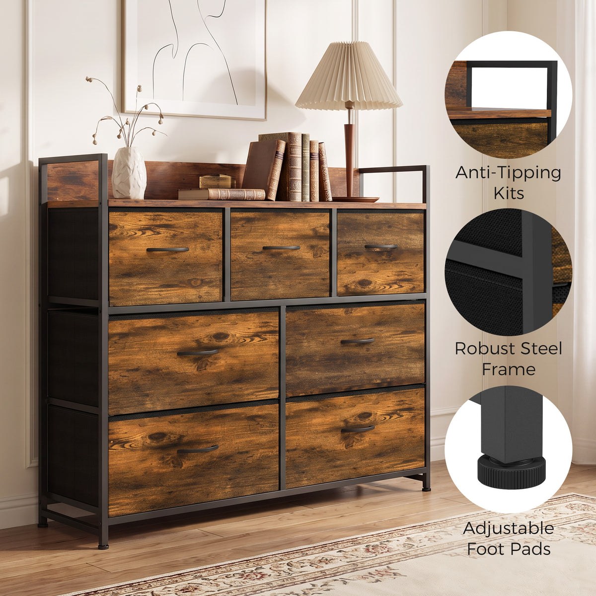 7-drawer fabric chest of drawers with rustic brown top shelf and black steel frame