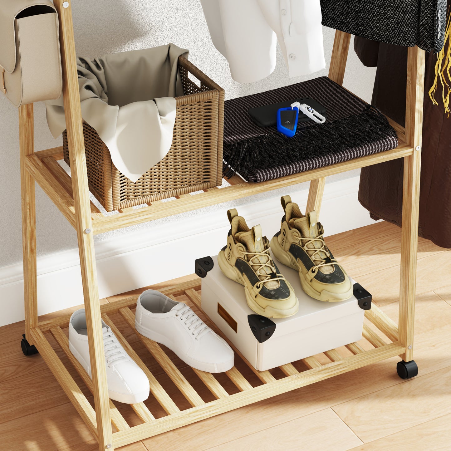 HOMCOM Bamboo Clothes Rack With Shelves And Hooks A Frame Space Saving Organizer Wardrobe And Living Area Natural Finish