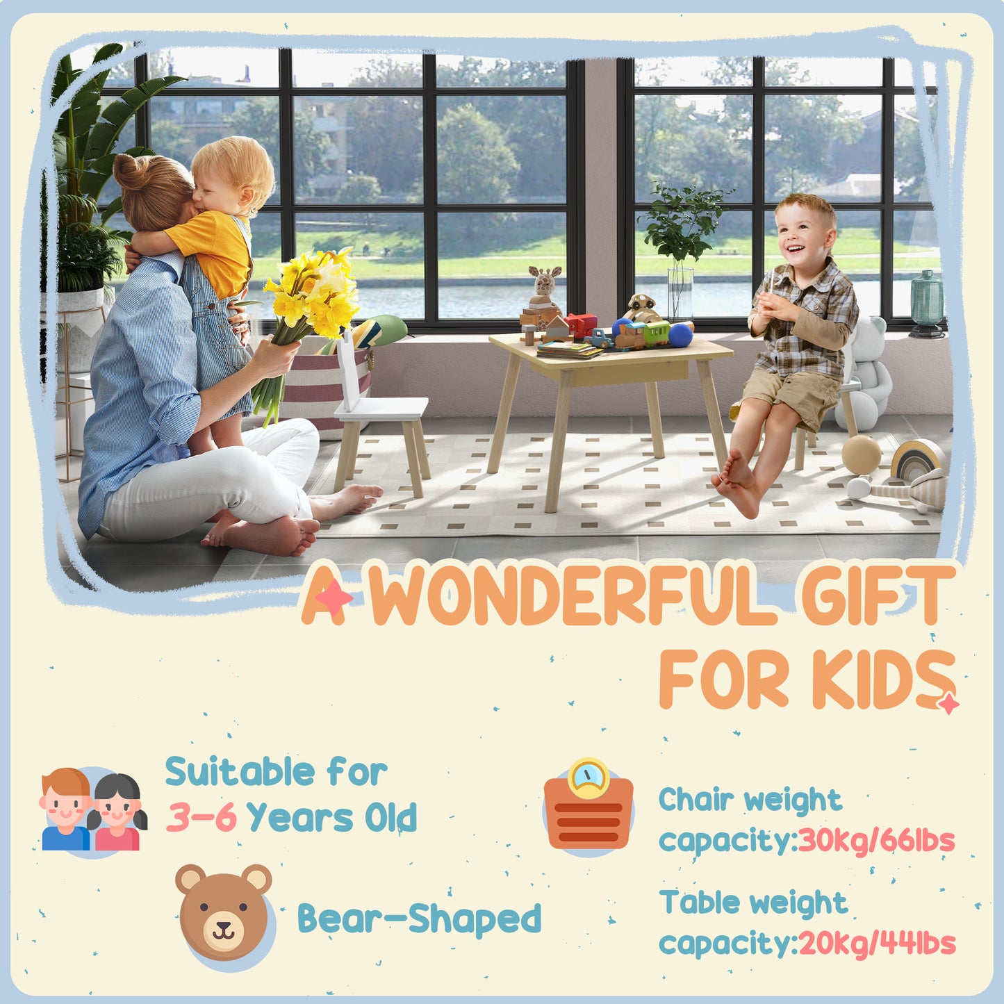 AIYAPLAY 3 Piece Kids Table And Chairs Set With Convertible Desk And Storage Grid For Nursery And Playroom