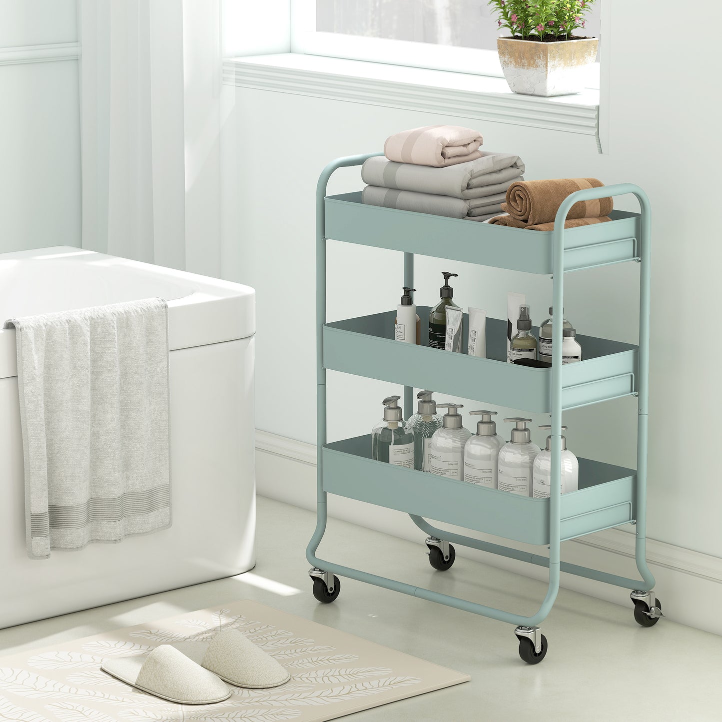 HOMCOM 3 Tier Storage Trolley On Wheels Rolling Utility Cart With Mesh Baskets For Kitchen Bathroom Bedroom Light Green