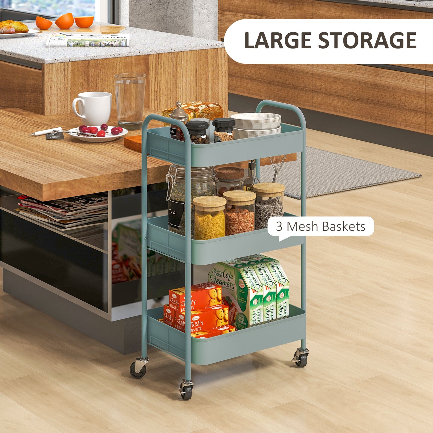 HOMCOM Three Tier Steel Storage Trolley Light Blue Rolling Cart With Small Medium And Large Baskets