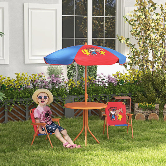 Outsunny Kids Picnic Table and Chair Set Cowboy Themed Outdoor Garden Furniture w/ Foldable Chairs, Adjustable Parasol - ALL4U RETAILER LTD