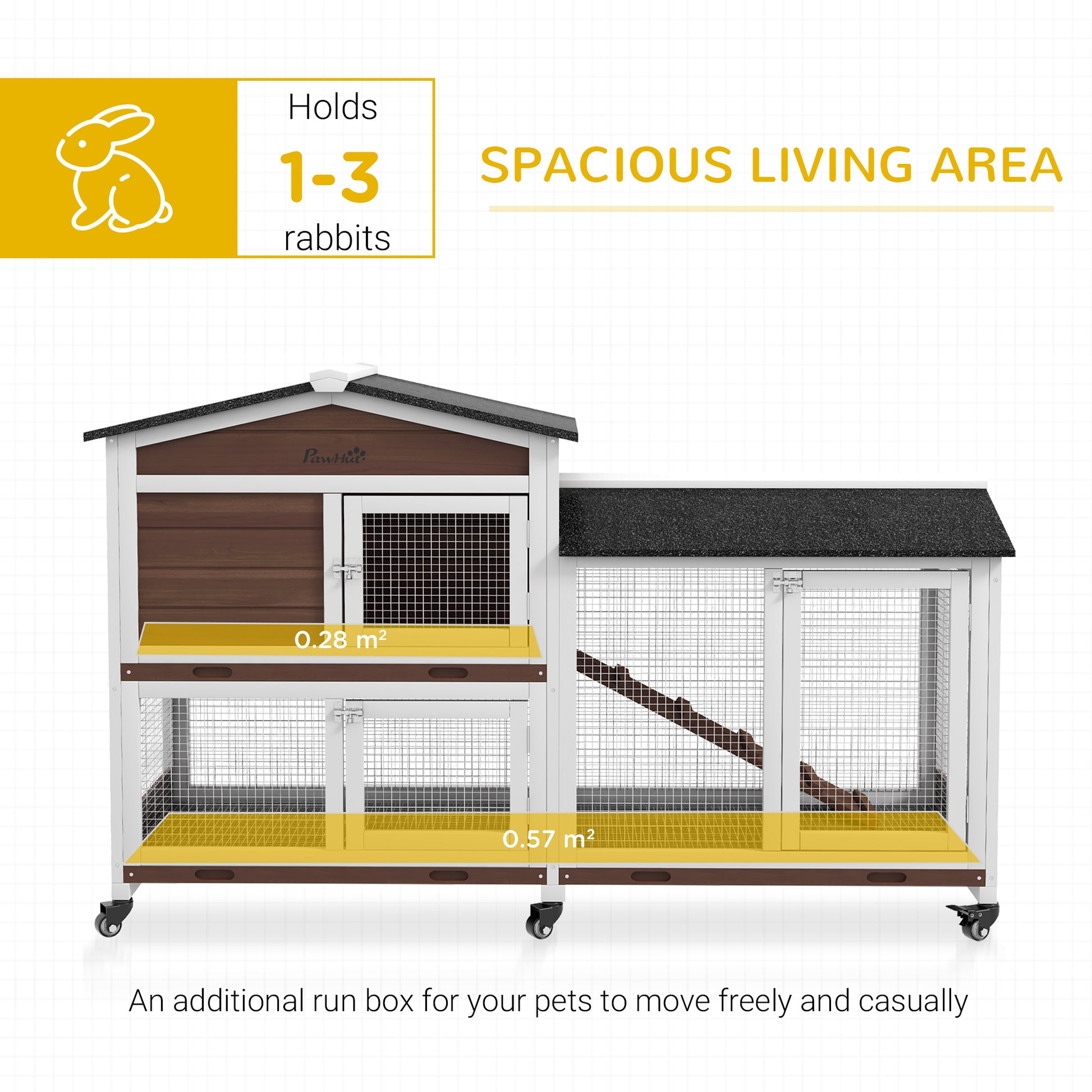 PawHut Two-Tier Wooden Rabbit Hutch with Wheels and Run, Durable Brown Design - ALL4U RETAILER LTD