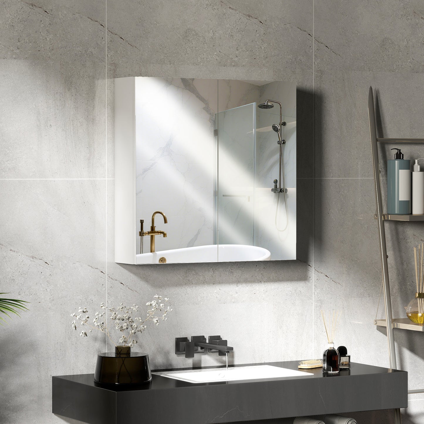 HOMCOM 60 x 15 cm White Double Door Wall Mounted Bathroom Mirror Cabinet With Adjustable Shelves
