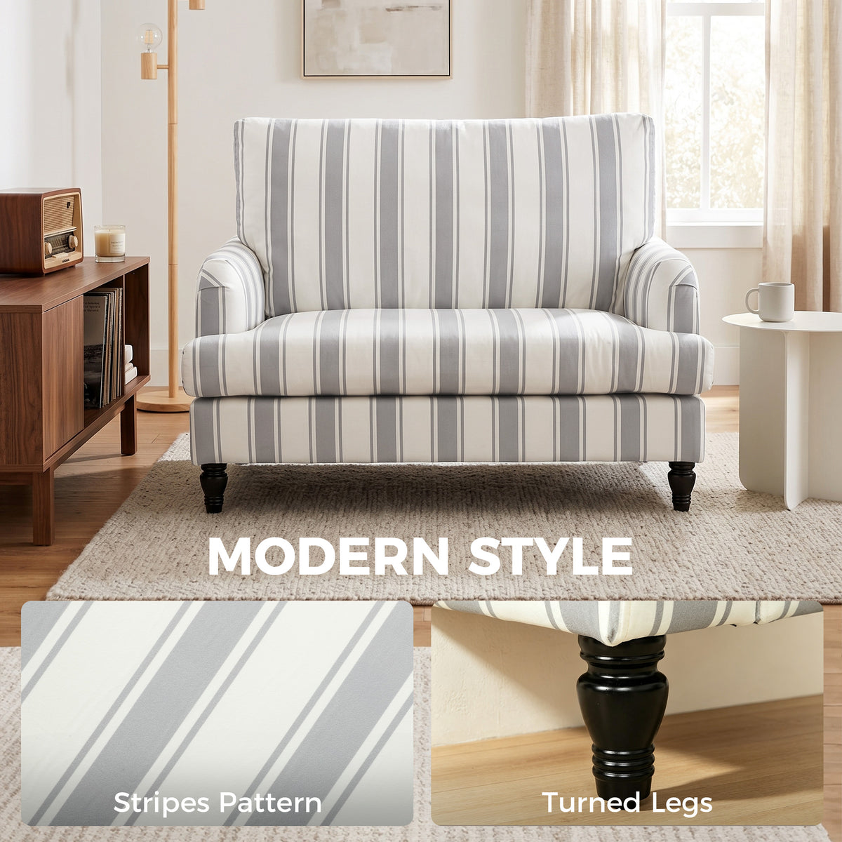 Grey striped velvet armchair with wide seat and dark turned legs