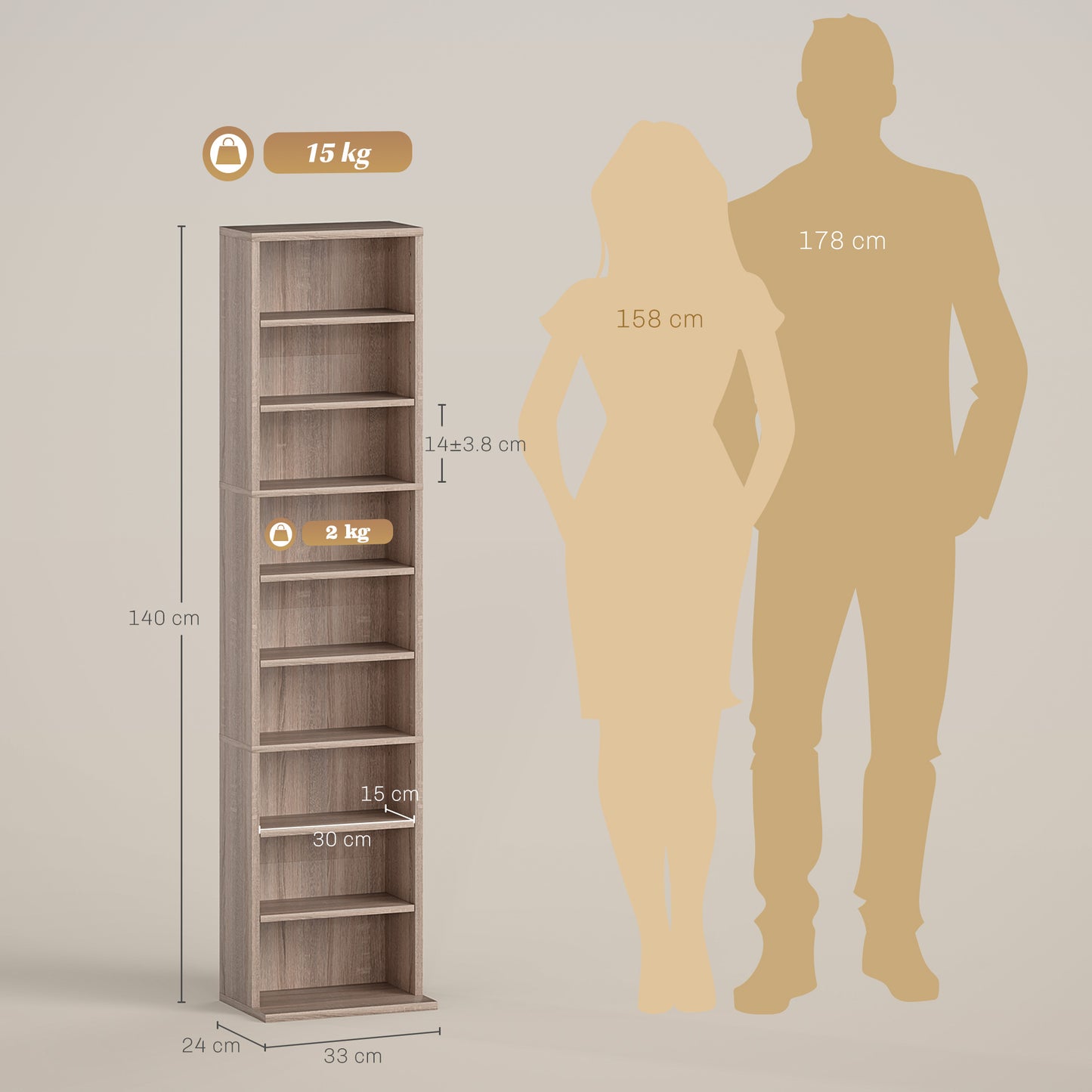 HOMCOM 260 CD Storage Unit Narrow With Six Adjustable Shelves Natural Wood Finish For Home Media Organization
