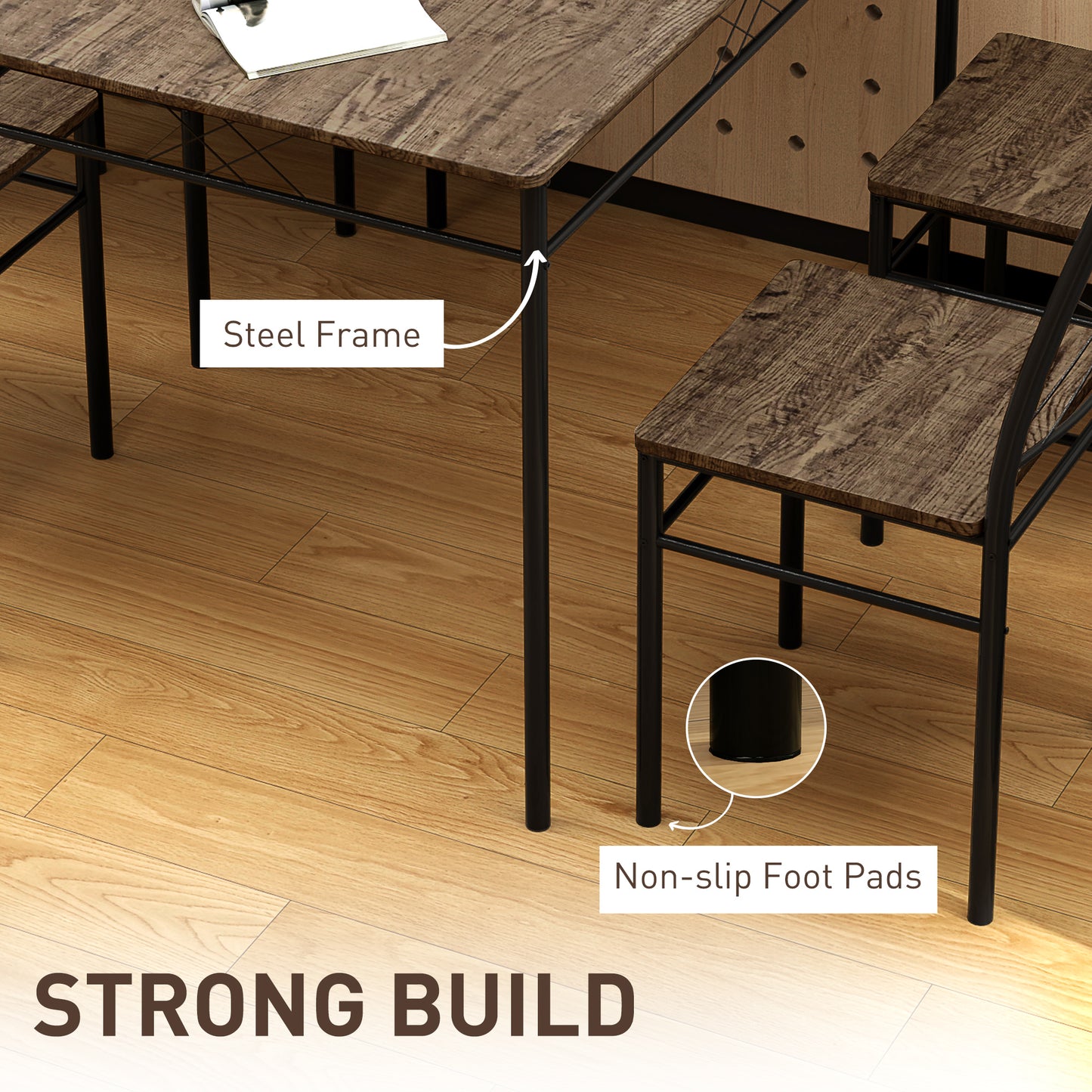 HOMCOM Five-Piece Minimal Dining Set With Black Metal Frames And Oak-Effect Table And Chairs