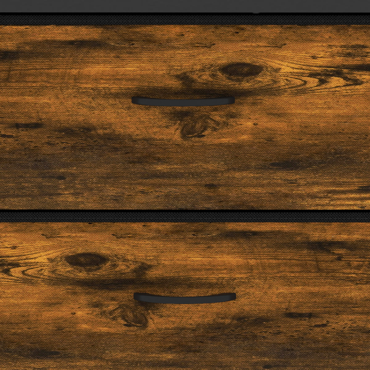 Rustic brown wood-grain top panel with black metal border