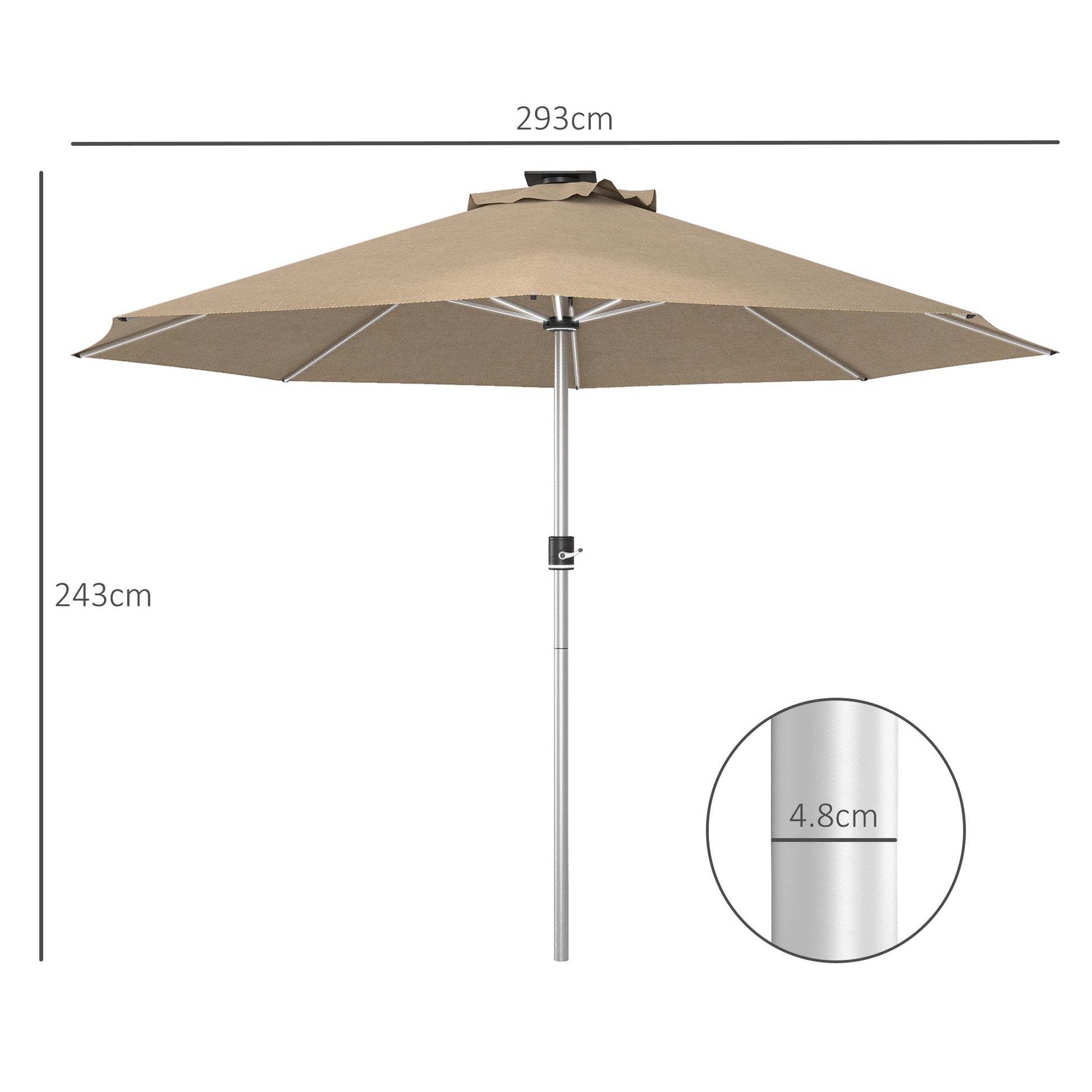 Outsunny Khaki LED Solar Patio Umbrella with 4 Light Modes, Waterproof Design, USB Charging - ALL4U RETAILER LTD