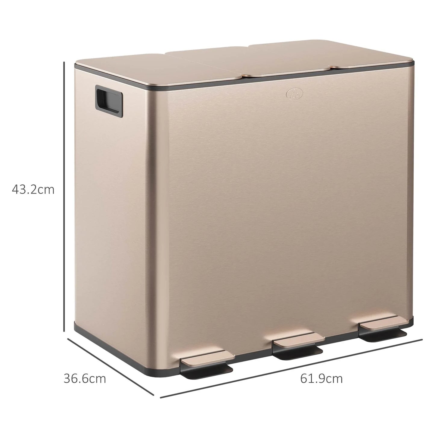 HOMCOM 45L Stainless Steel Triple Compartment Pedal Bin with Soft Close Lid and Removable Buckets - Fingerprint Resistant Gold Finish - ALL4U RETAILER LTD