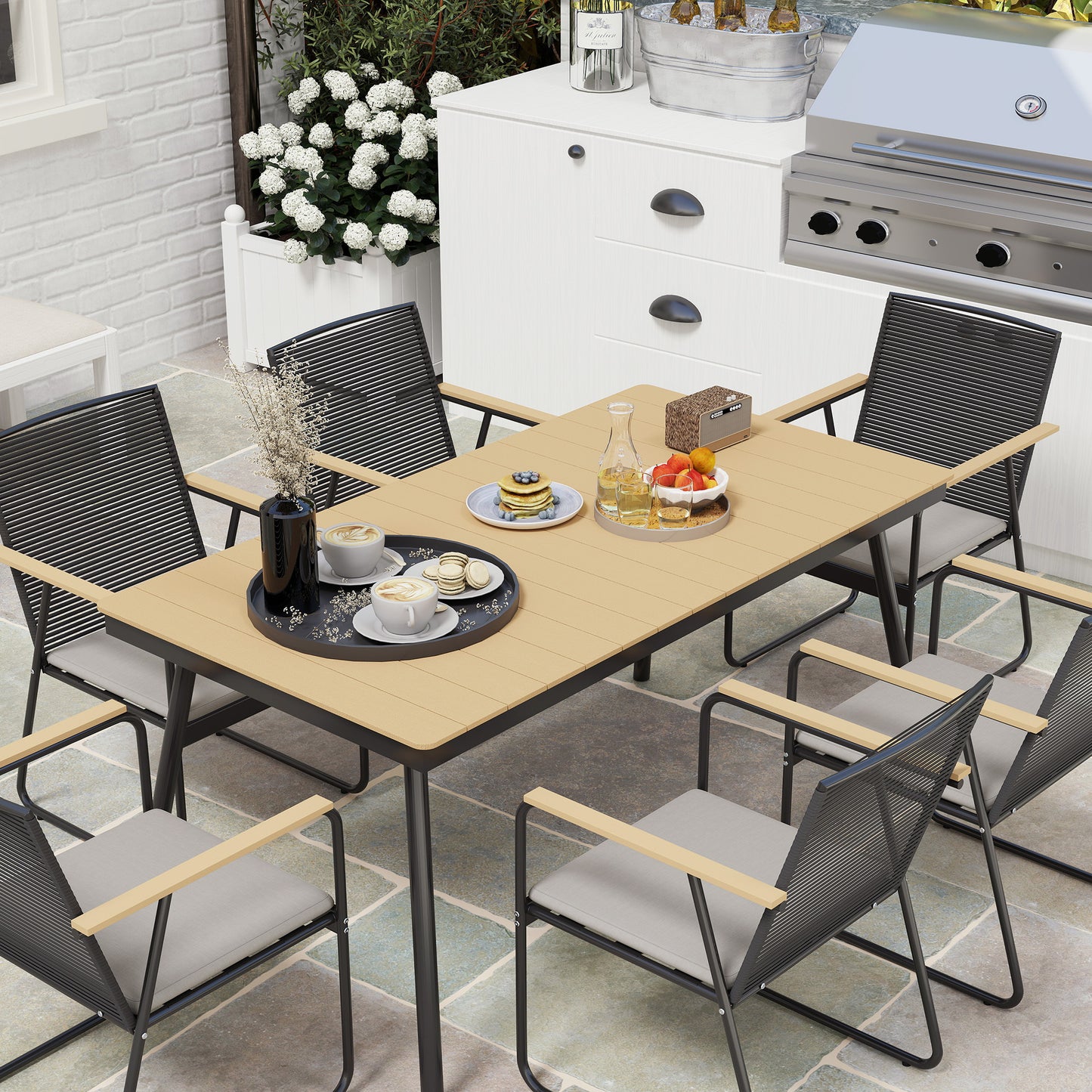 Outsunny 6 Seater Garden Dining Set With Cushions And Rattan Backrests Rectangular Plastic Top Outdoor Patio Furniture