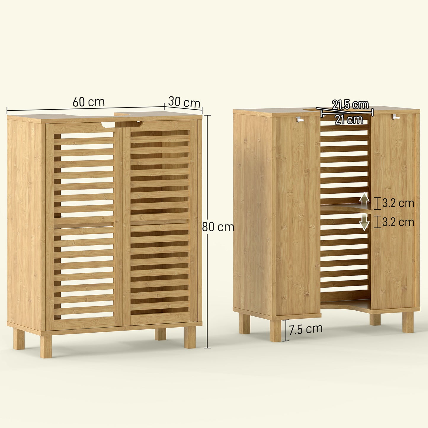 HOMCOM Under Sink Bathroom Cabinet Freestanding Bamboo Cabinet With Louvered Doors Adjustable Shelf Natural Finish