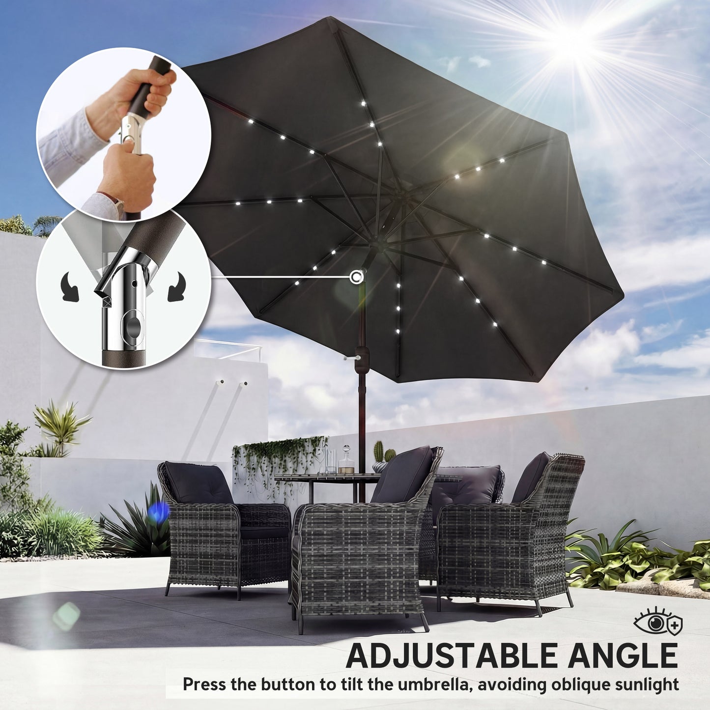 Outsunny 2.6m Garden Parasol Umbrella With LED Solar Light Parasol Cover Outdoor Market Patio Black