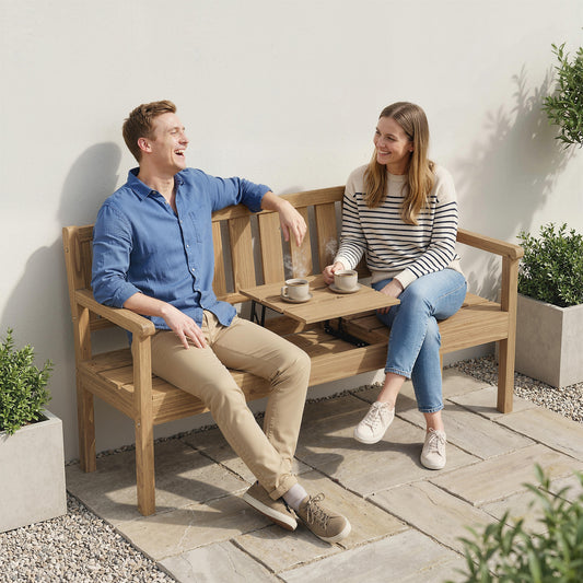 Outsunny Wooden Garden Bench With Liftable Table And Shelf Two To Three Seater Loveseat With Fir Wood Frame Teak