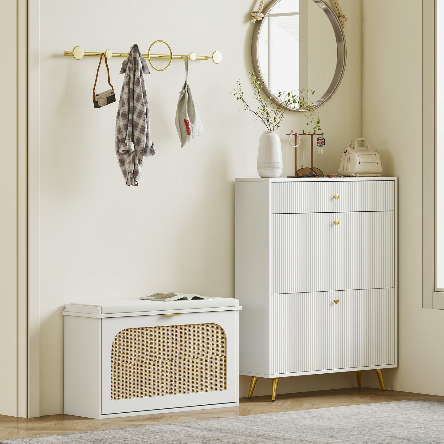 HOMCOM Boho Style Shoe Bench With Padded Seat And Flip Drawer White For Entryway Organization