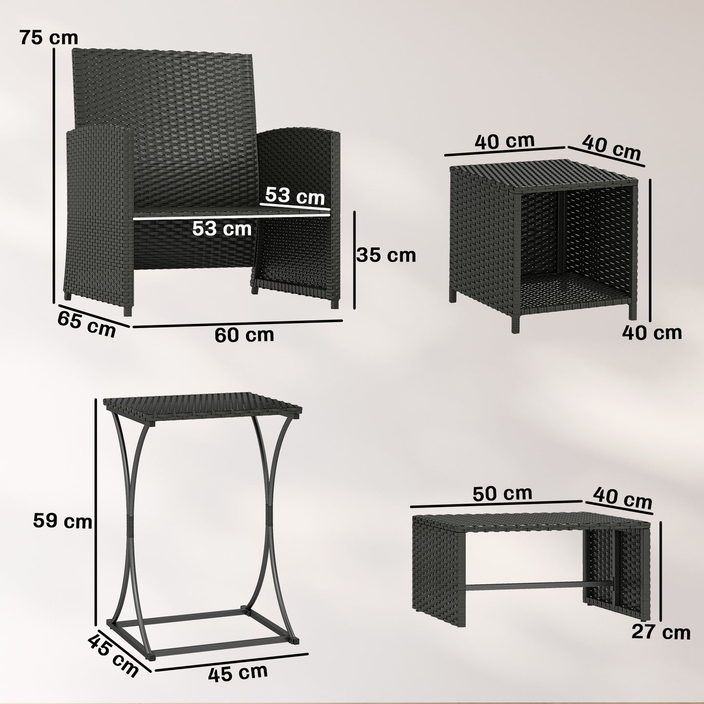 Outsunny 6 Piece Rattan Garden Furniture Set Space Saving Patio With Nesting Tables Chairs Stools Cushions Black