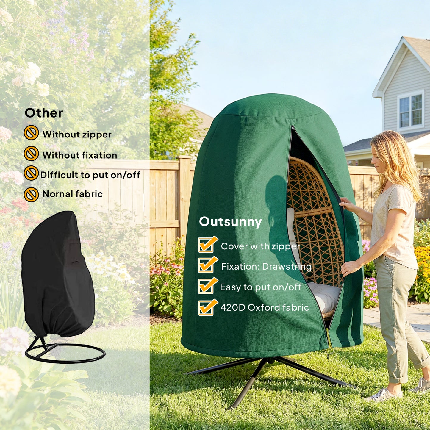 Outsunny 190 x 128cm Hanging Egg Chair Cover Green Weatherproof Outdoor Furniture Protector