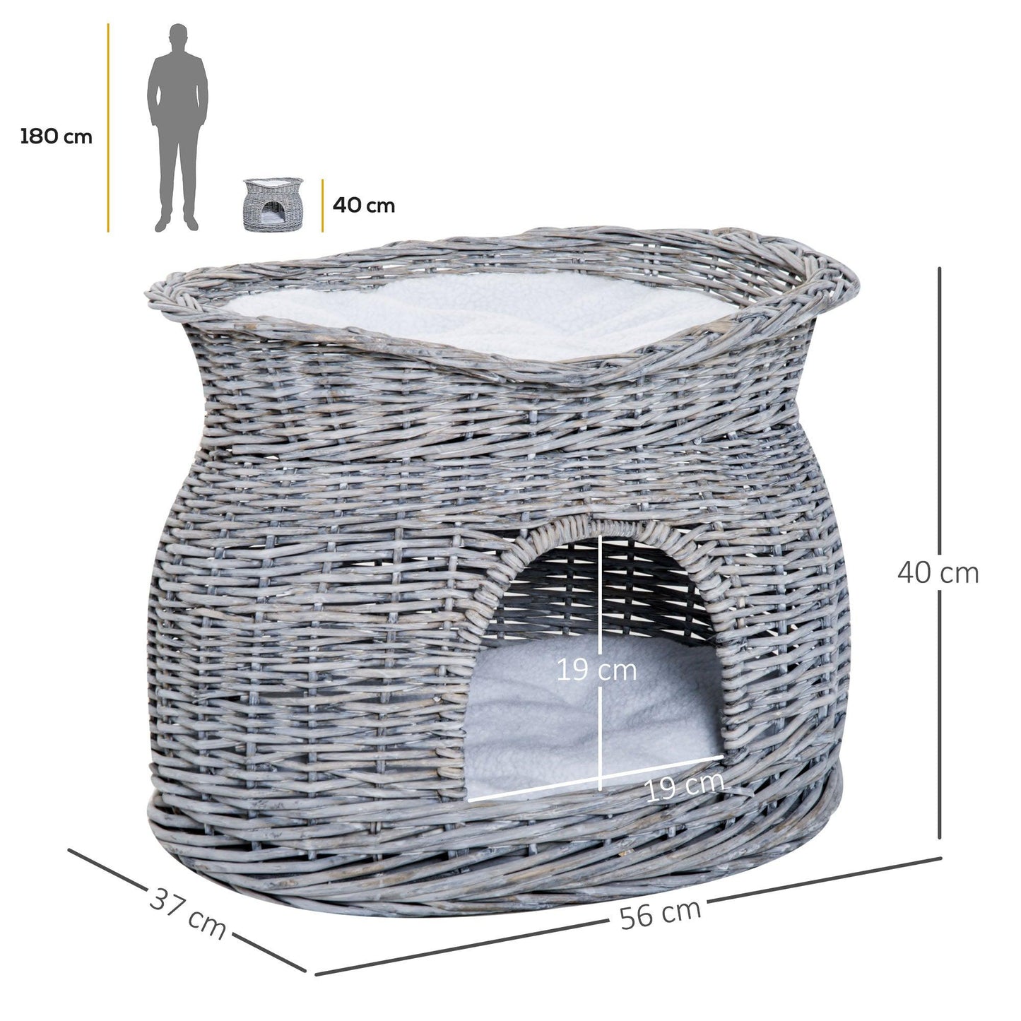 PawHut 2-Tier Wicker Cat House Elevated Pet Bed Basket Willow Kitten Tower Pet Den. with Washable Cushions 56x37x40cm Grey - ALL4U RETAILER LTD