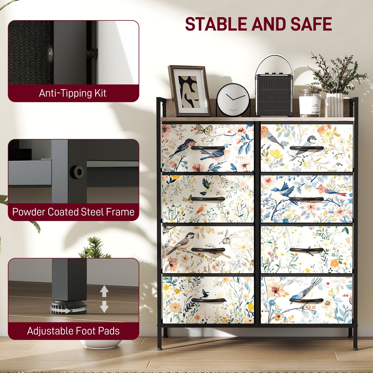 HOMCOM Eight Drawer Fabric Chest Of Drawers White With Removable Foldable Drawers And Patterned Panels