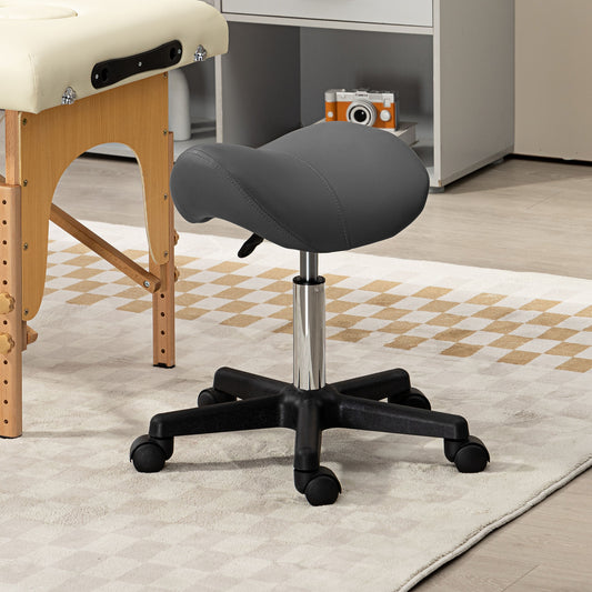 HOMCOM Adjustable Grey PU Leather Saddle Stool with Rolling Wheels for Salon and Spa Use - ALL4U RETAILER LTD