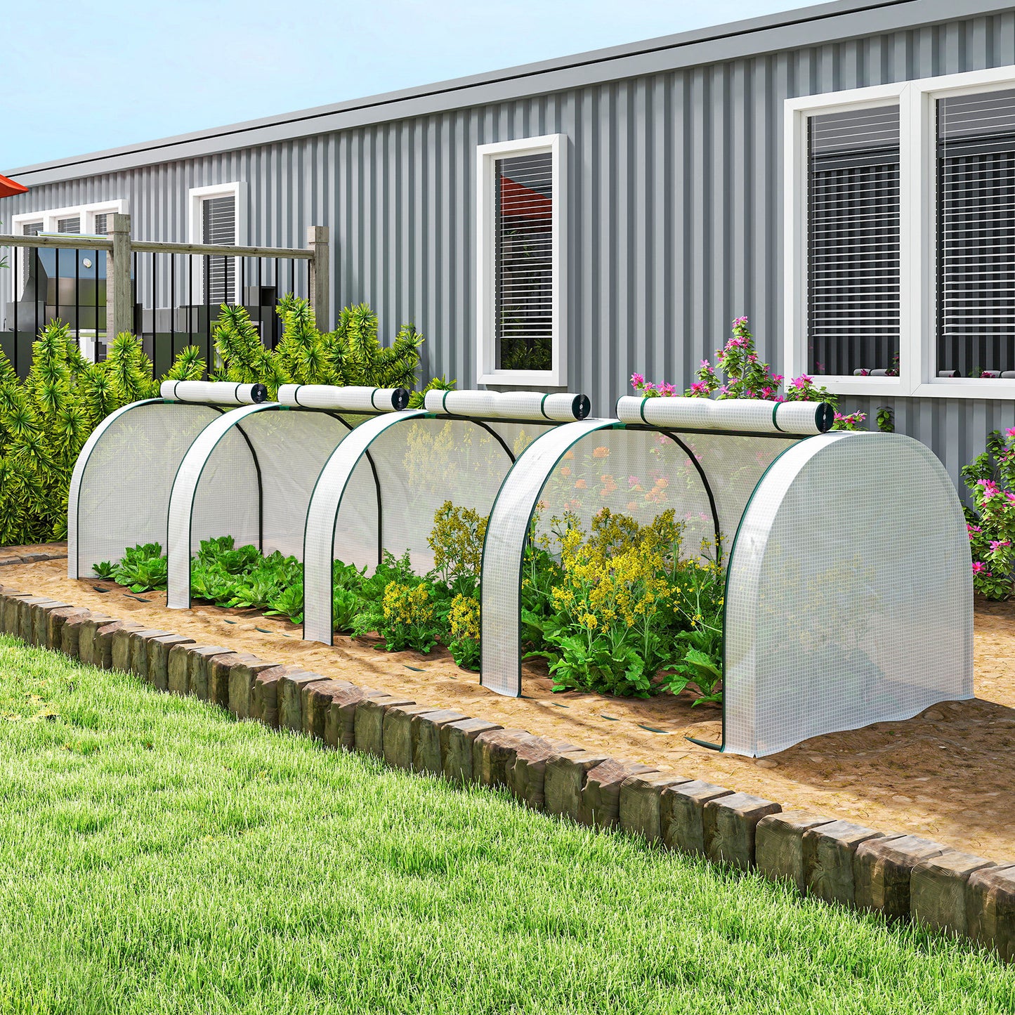 Outsunny 395 By 100 Cm Low Tunnel Greenhouse White With Powder Coated Steel Frame And PE Cover