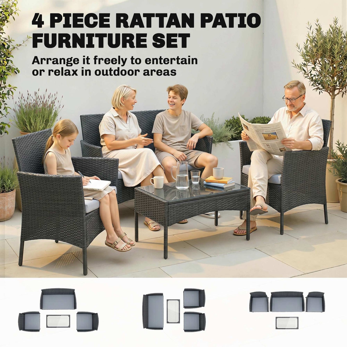 Outsunny 4 Piece Rattan Garden Furniture Set With Loveseat, Armchairs, Glass Top Coffee Table And Cushions Black