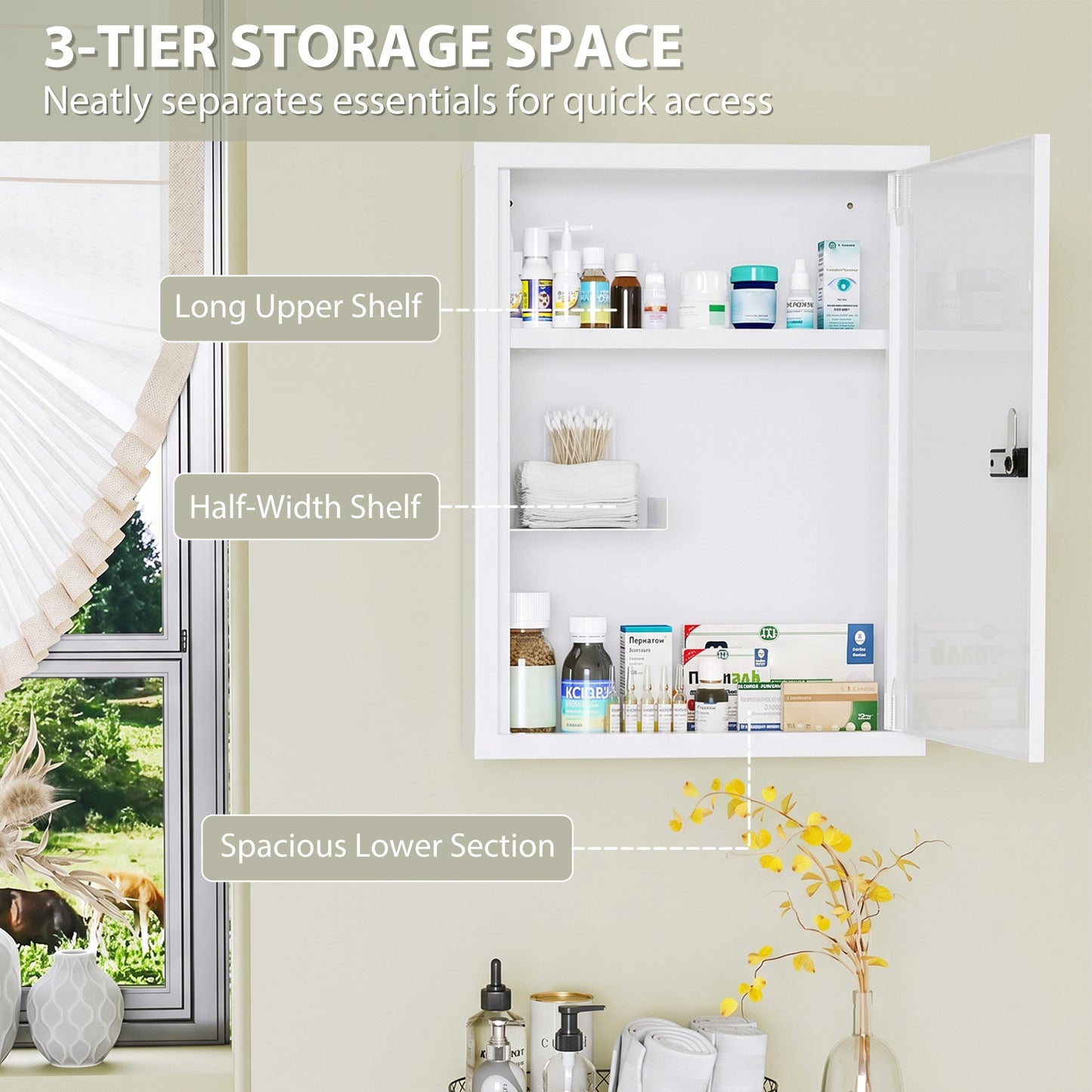HOMCOM Wall Mount Medicine Cabinet With Combination Lock And Three Tier Storage White