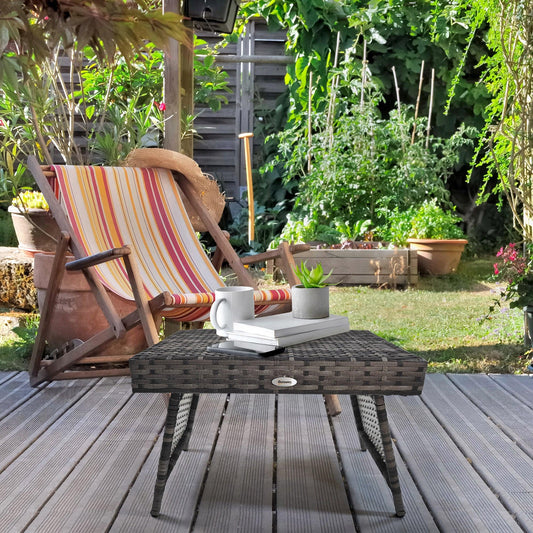 Outsunny Foldable Outdoor Coffee Table, Metal Frame Rattan Side Table, Coffee Table Side Table for Lawn, Garden, Mixed Grey - ALL4U RETAILER LTD
