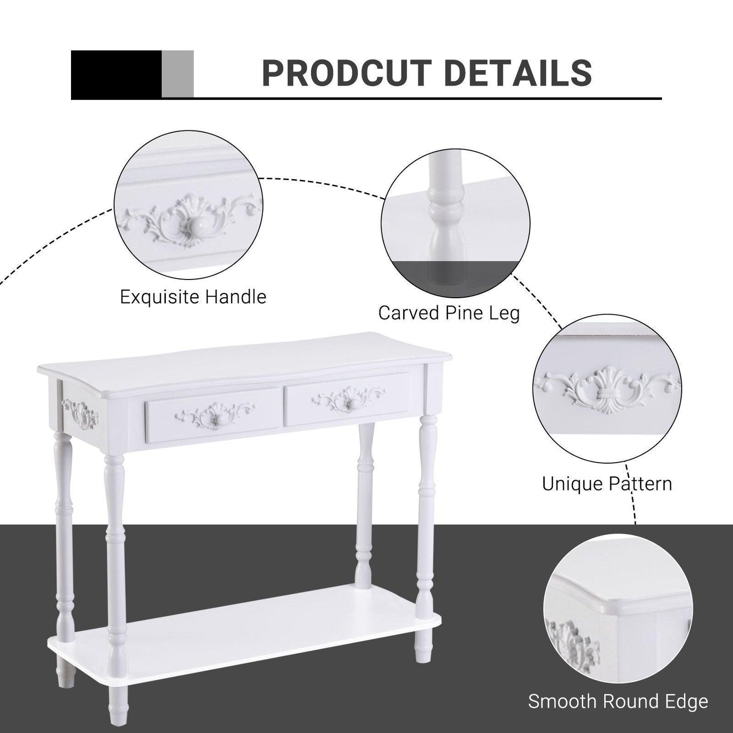 HOMCOM White Console Table with Storage Shelves & Drawers - ALL4U RETAILER LTD