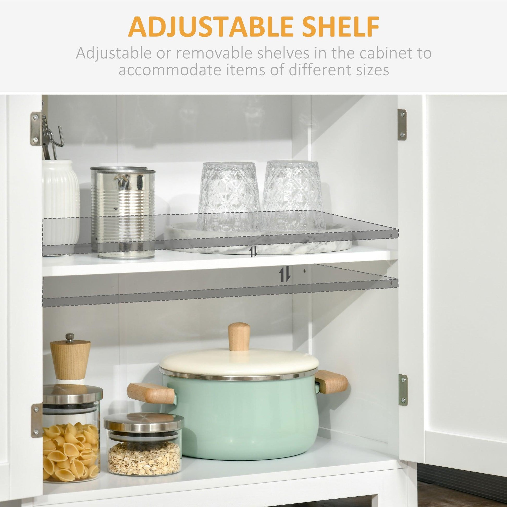 HOMCOM White Kitchen Cupboard with Adjustable Shelf and Glass Doors - ALL4U RETAILER LTD