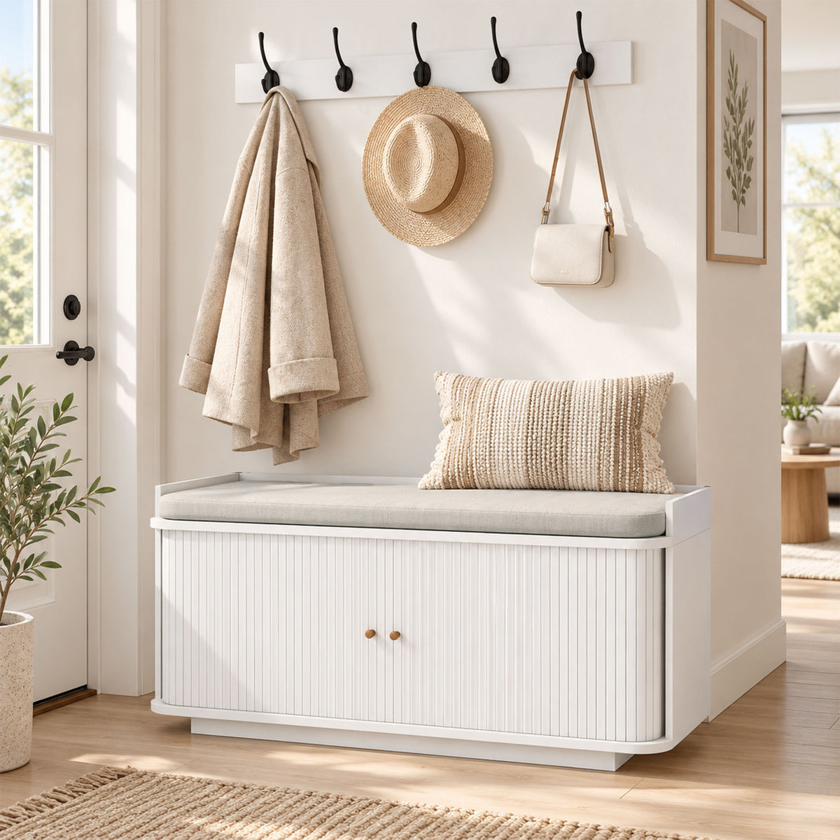 HOMCOM Hallway Storage Bench With Shoe Cabinet, Coat Rack And 5 Hooks White