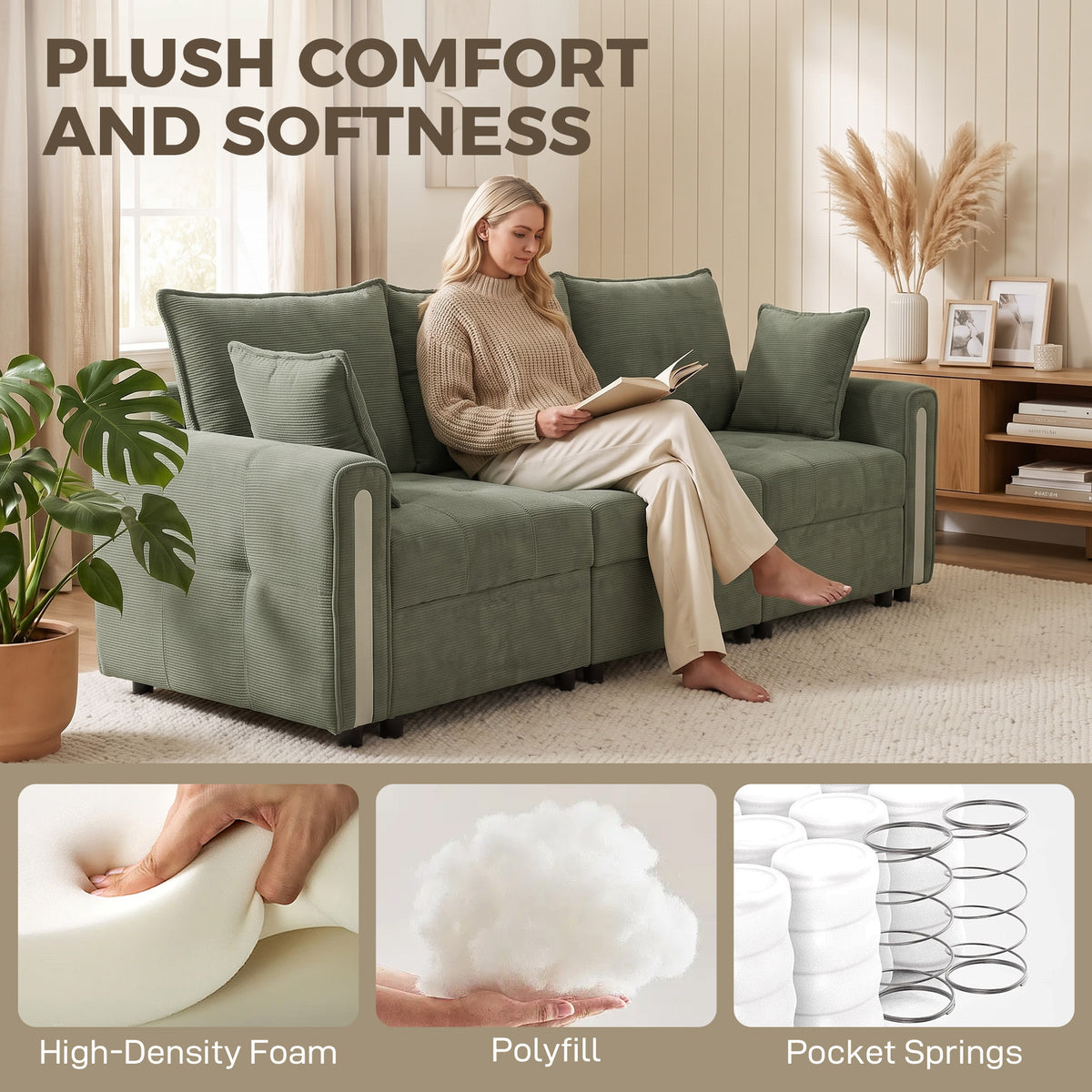 HOMCOM 3 Seater Velvet Sofa with Lift Up Storage Wide Deep Seat 228cm Dark Green