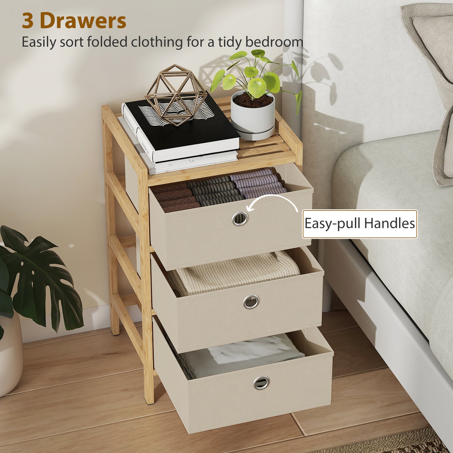 HOMCOM Narrow Chest Of Drawers With Bamboo Frame And 3 Fabric Drawers In Cream White