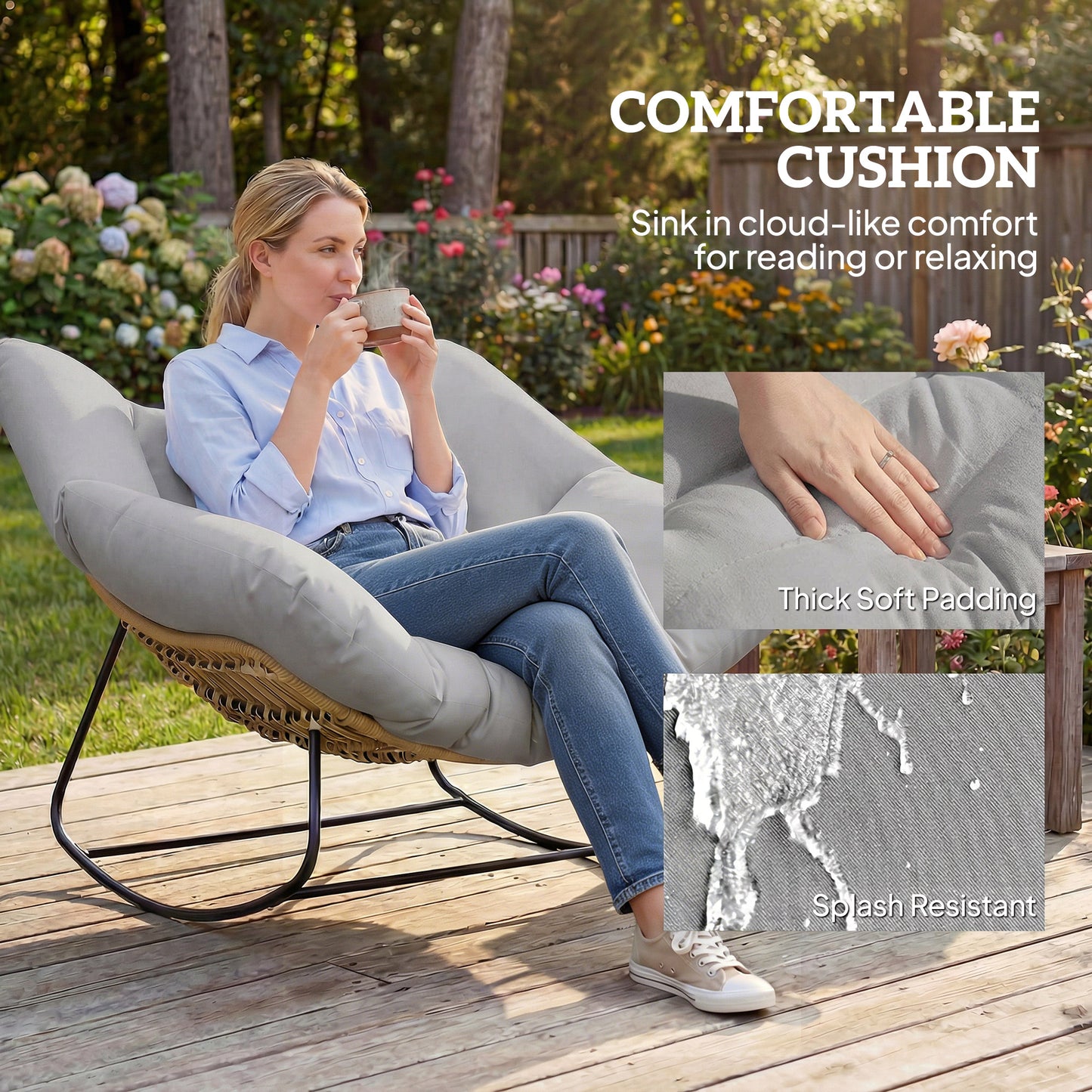 Outsunny Indoor Outdoor Oversized Rocking Egg Chair With Cushion For Living Room Garden Patio Light Grey