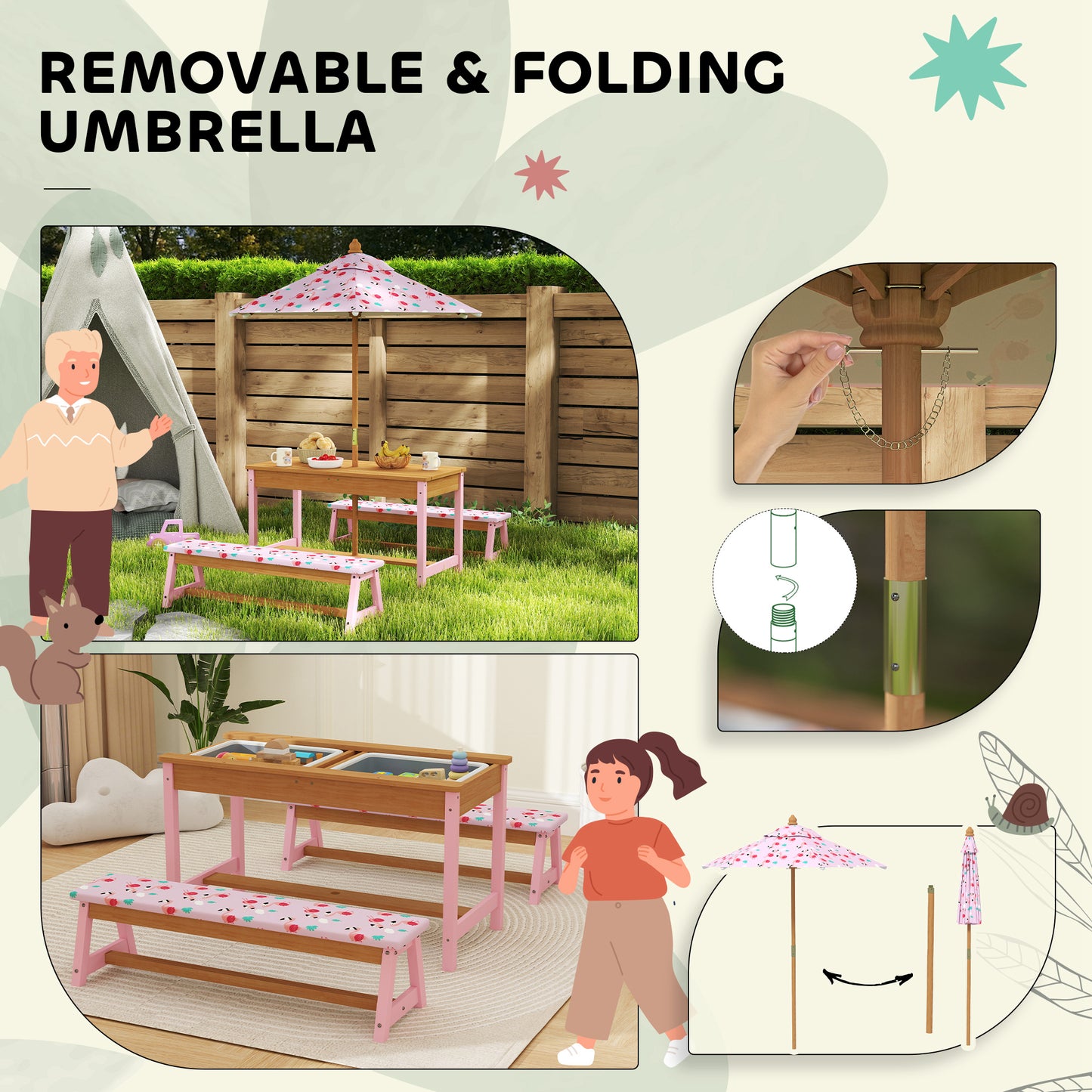 AIYAPLAY Kids Picnic Table Set With Removable Foldable Umbrella Cushions Storage Boxes Flamingo Theme Pink