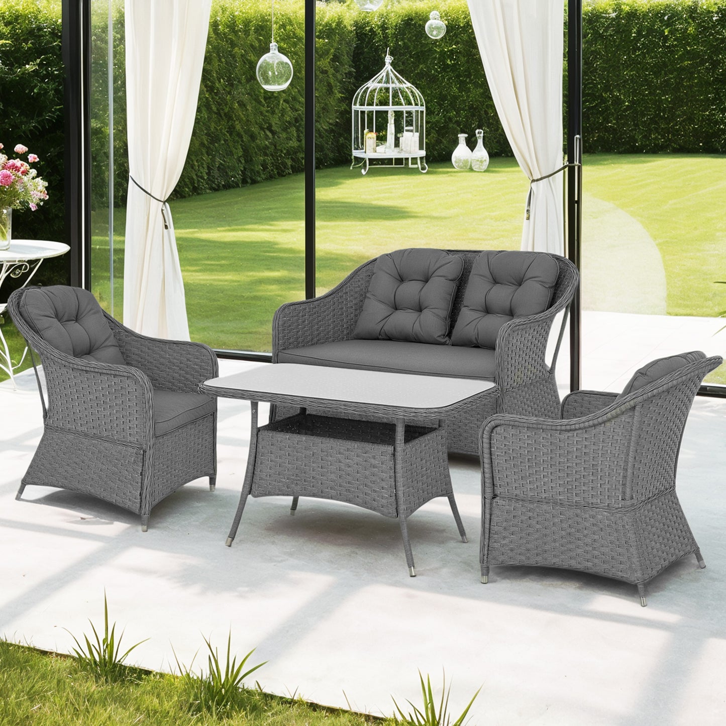 Outsunny Four Piece Rattan Outdoor Furniture Set With Glass Top Table For Patio Light Grey