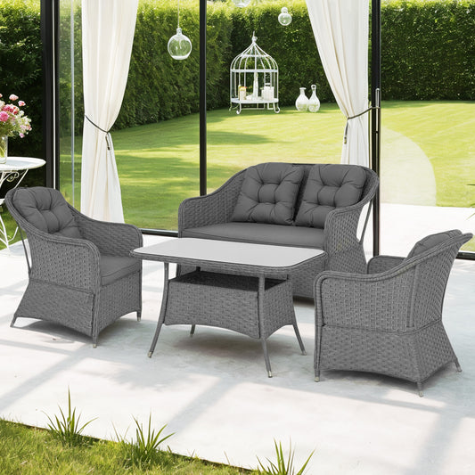 Outsunny Four Piece Rattan Outdoor Furniture Set With Glass Top Table For Patio Light Grey