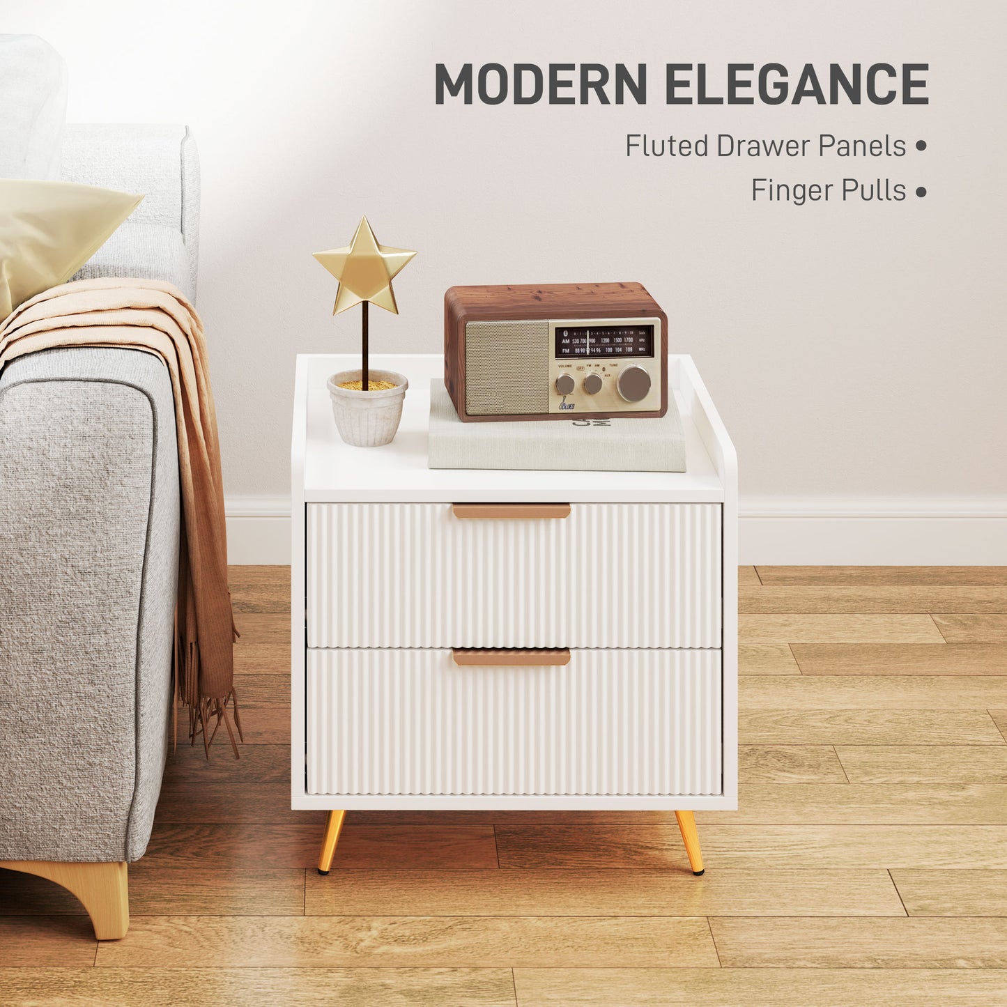 Homcom White Two Drawer Bedside Table With Gold Tone Handles And Flat Top Storage Nightstand