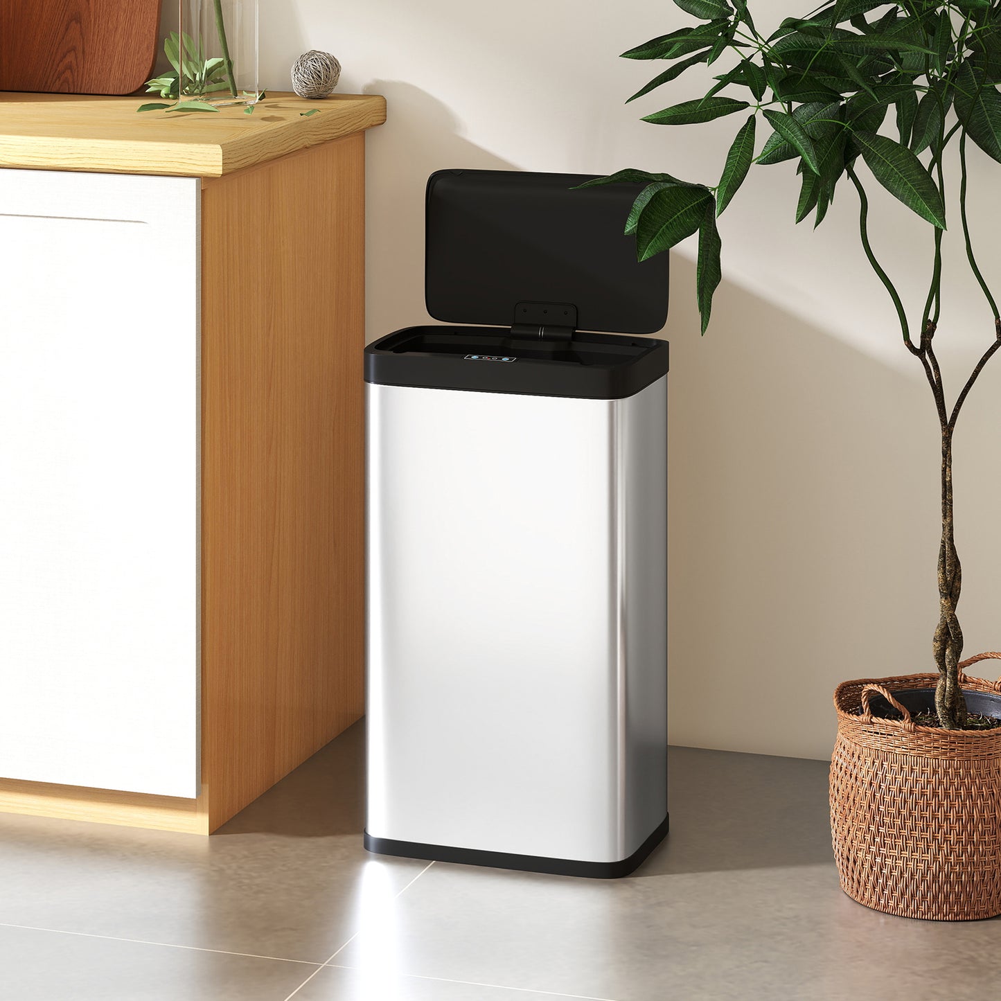 HOMCOM 45 Liter Stainless Steel Trash Can With Touchless Motion Sensor And Soft Close Lid Removable Inner Bucket
