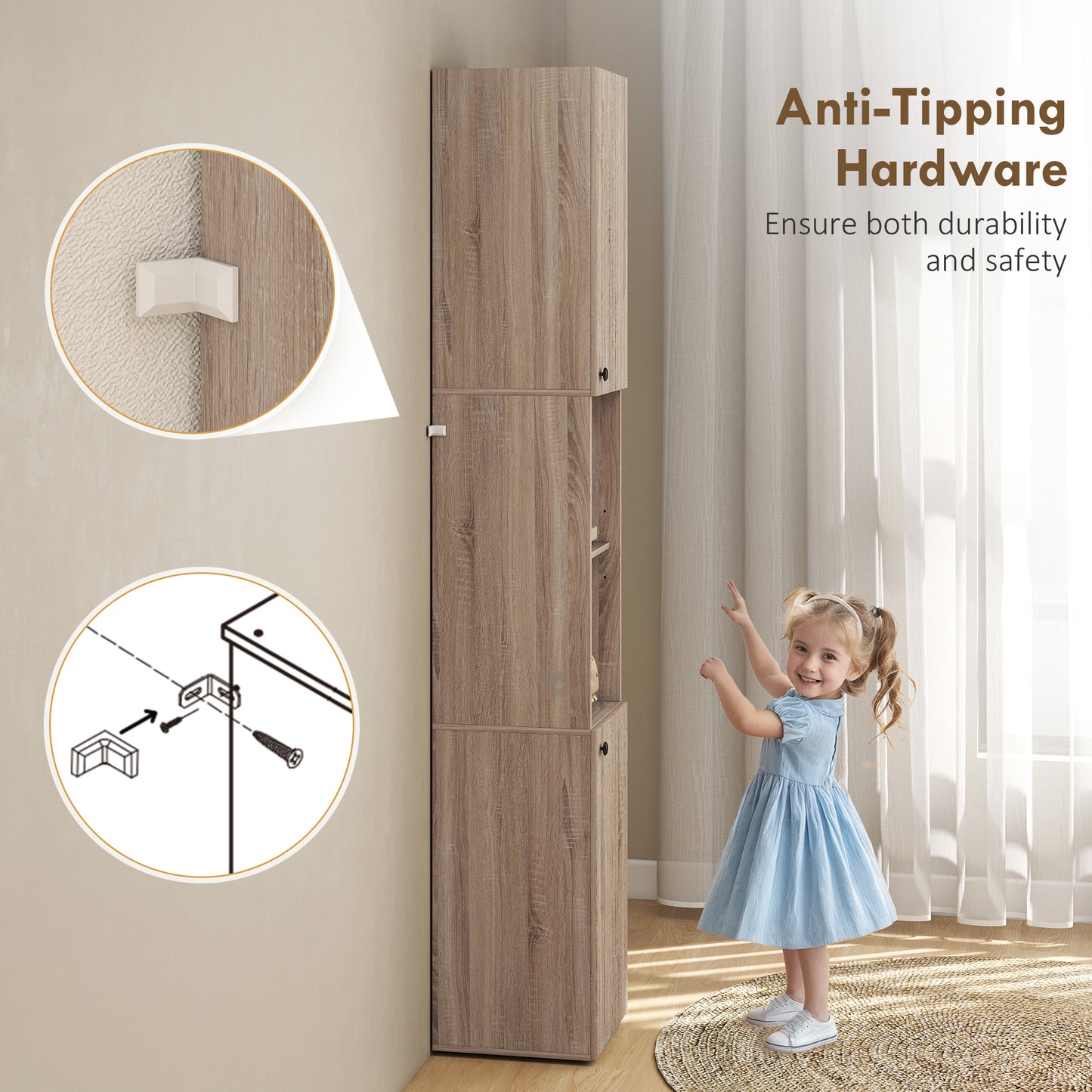 HOMCOM 6 Tier Tall Bathroom Cabinet Slim Space Saving Narrow Storage with Adjustable Shelves Natural Finish