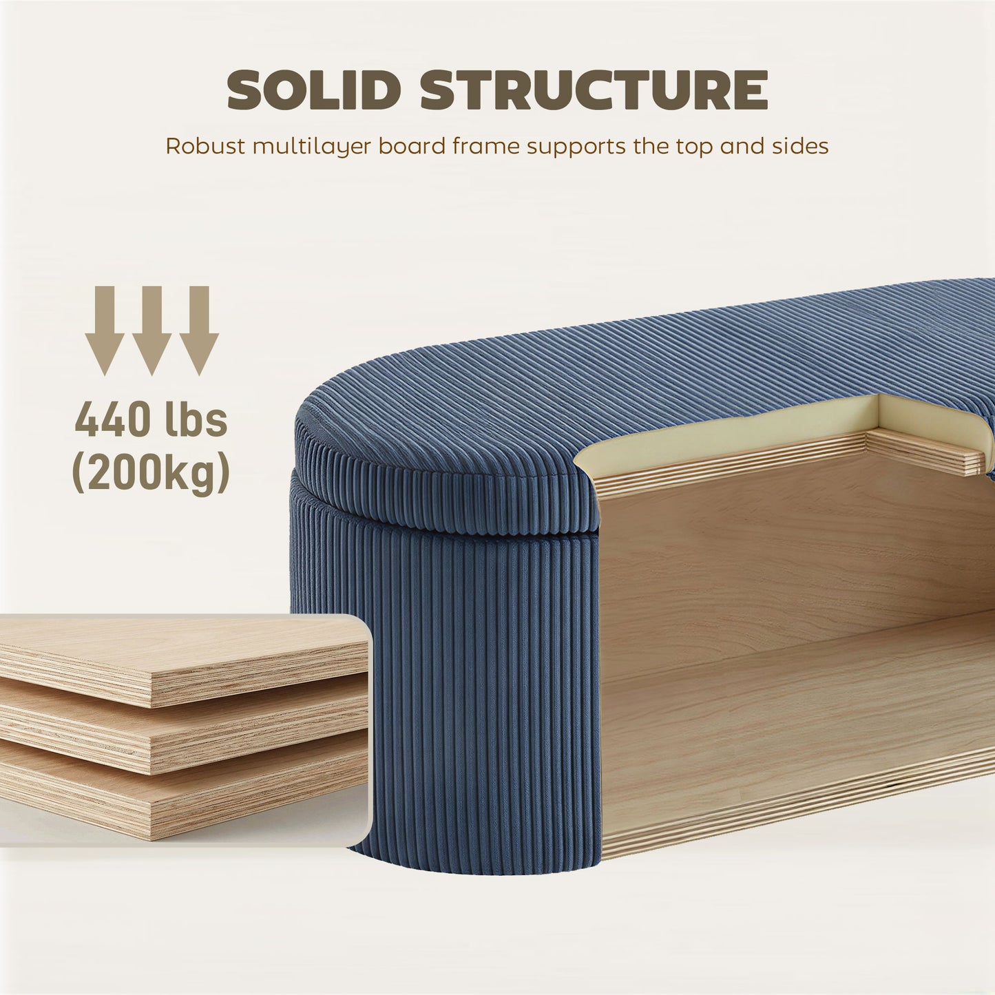 HOMCOM Corduroy Upholstered Storage Ottoman With Padded Seat 105 x 51 x 49 cm Blue