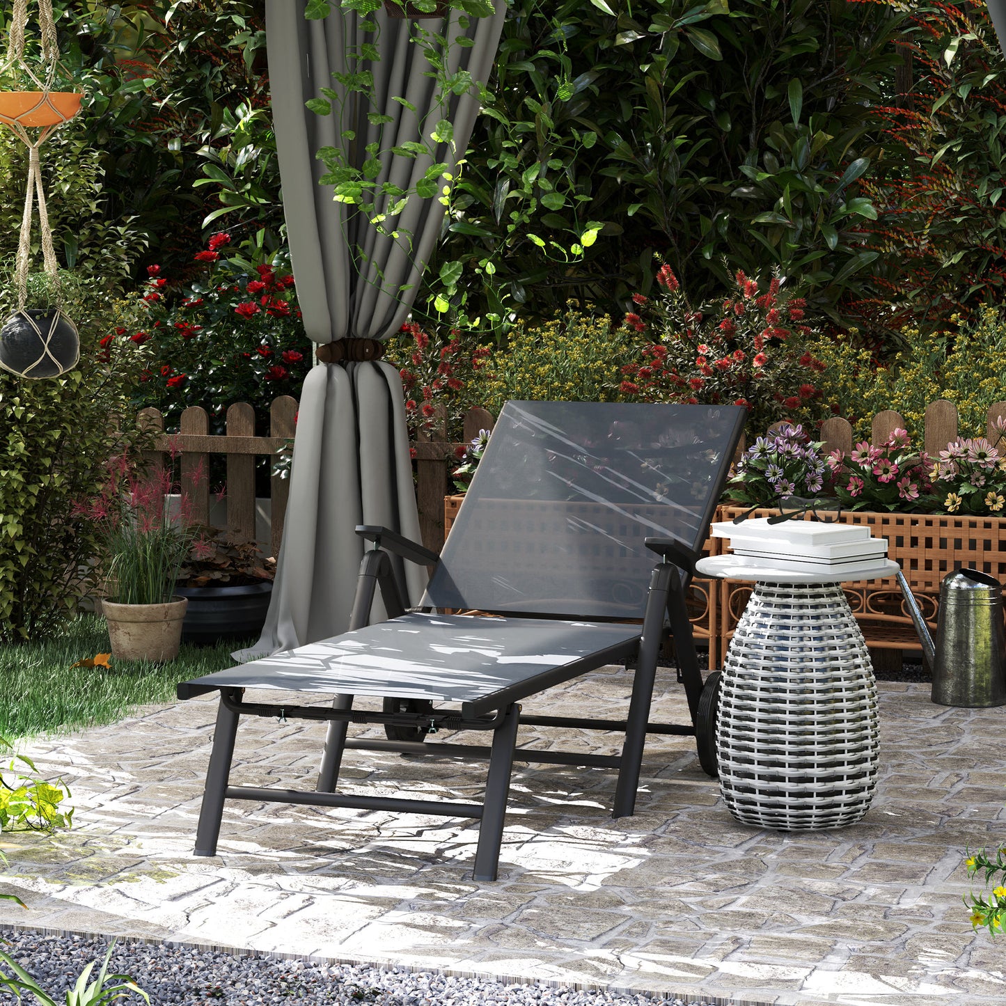 Outsunny Five Position Reclining Sun Lounger Grey Outdoor Garden With Textiline Mesh Seat