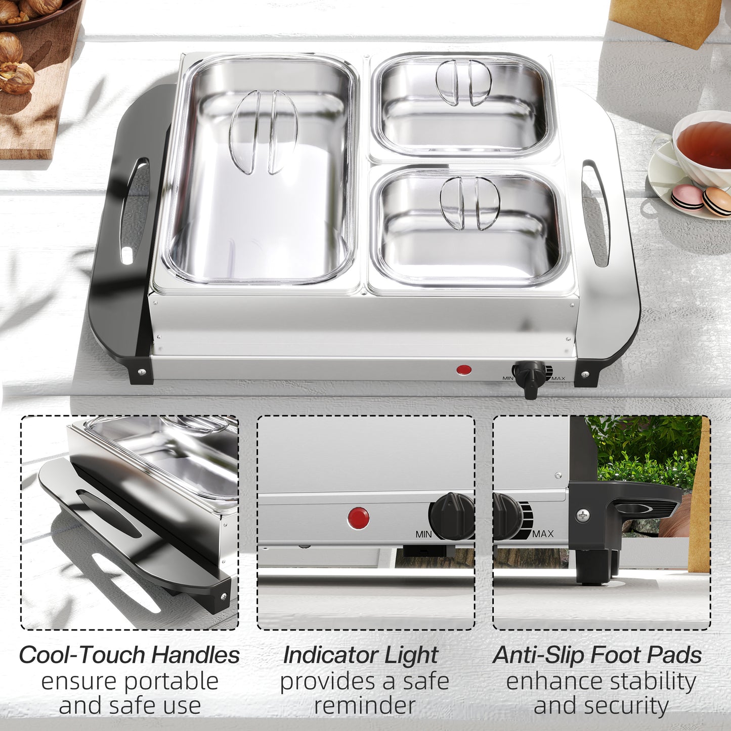 HOMCOM 4.5L Stainless Steel Electric Buffet Server Set of 2 with 3 Trays and Lids Keeps Dishes Warm