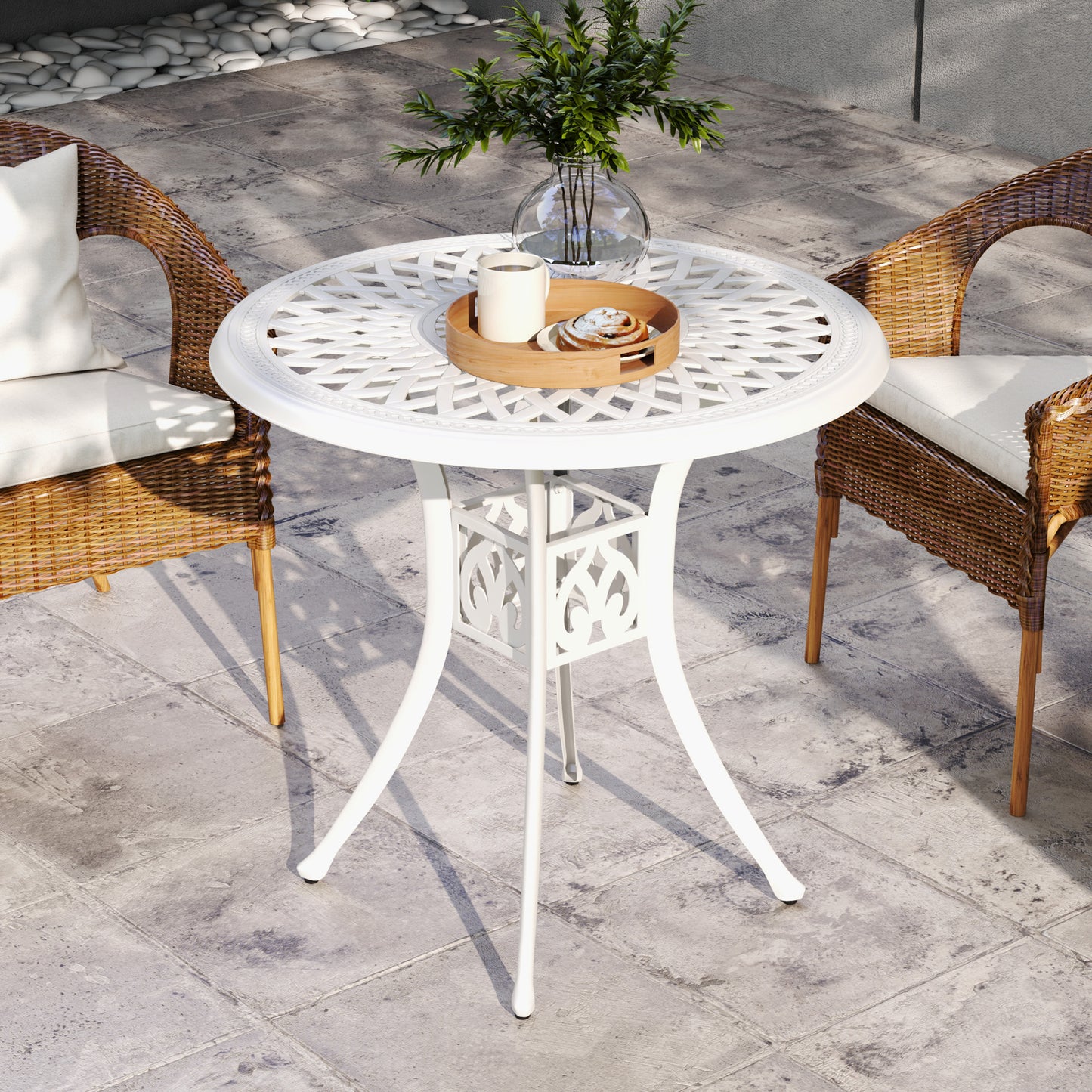 Outsunny 78 cm Round Garden Dining Table With Parasol Hole Cast Aluminium White Outdoor Table Only