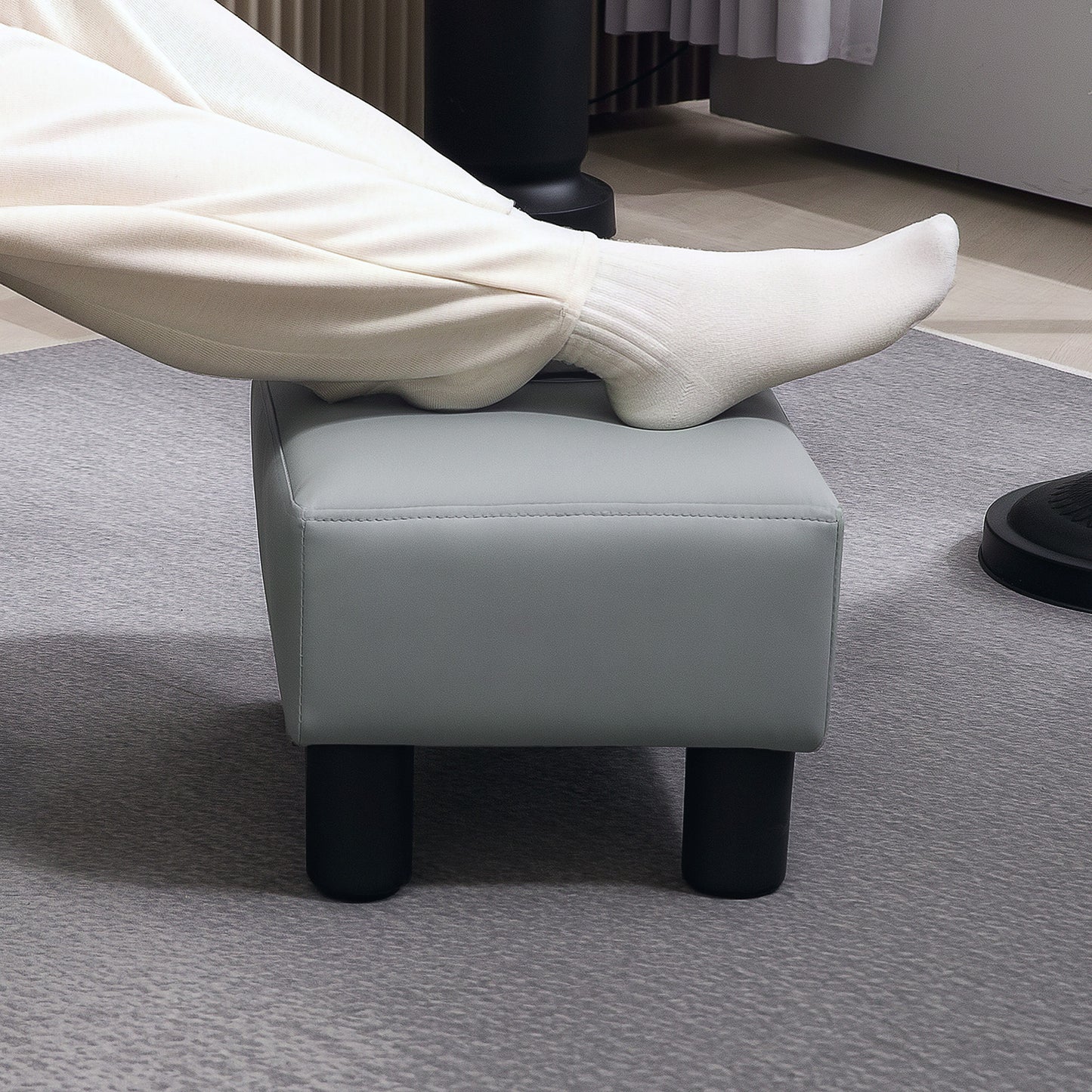 Homcom Pu Leather Footstool With Four Plastic Legs Grey Cushioned Stool For Living Room Supports Up To 110kg